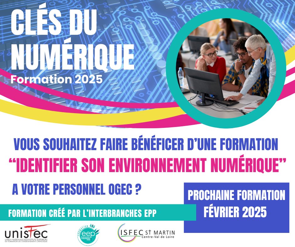 IsfecSt's tweet image. Avez-vous inscrit votre personnel OGEC à notre prochaine formation clé du numérique ?
Elle aura lieu le 17 et 18 février 2025 à l&apos;ISFEC de Tours
Informations et modalités au 02.47.60.26.43 ou par mail : a.quentin@isfec-stmartin.fr
#formation #isfec #centrevaldeloire #numérique