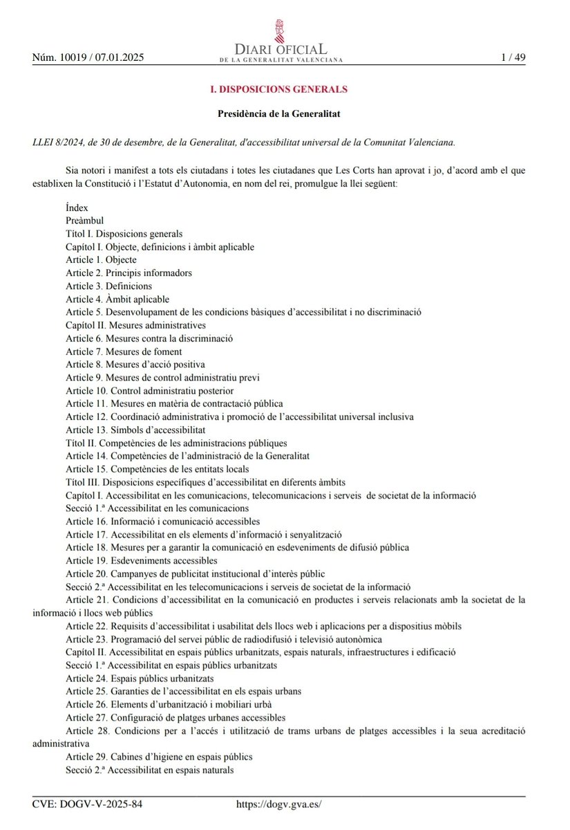 Publicada la LLEI 8/2024, de 30.12, d'accessibilitat universal de la C. Valenciana.👏👏👏

"Construir una societat en què totes les persones puguen exercir els seus drets de manera real i efectiva, removent els obstacles que impedixen este objectiu..."🧵

dogv.gva.es/ca/resultat-do…
