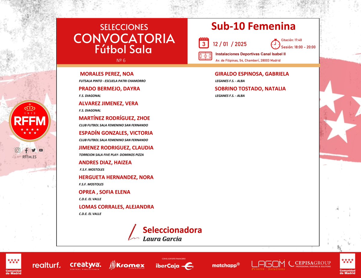 RFFM_FutbolSala's tweet photo. 📋Convocatoria de la #SeMadrid Sub-10 Femenina Fútbol Sala. 

📅 12 / 01 / 2025
 🏟 Instalaciones Deportivas Canal Isabel II 
🕟17:40Hrs https://t.co/Du13JVW8lB