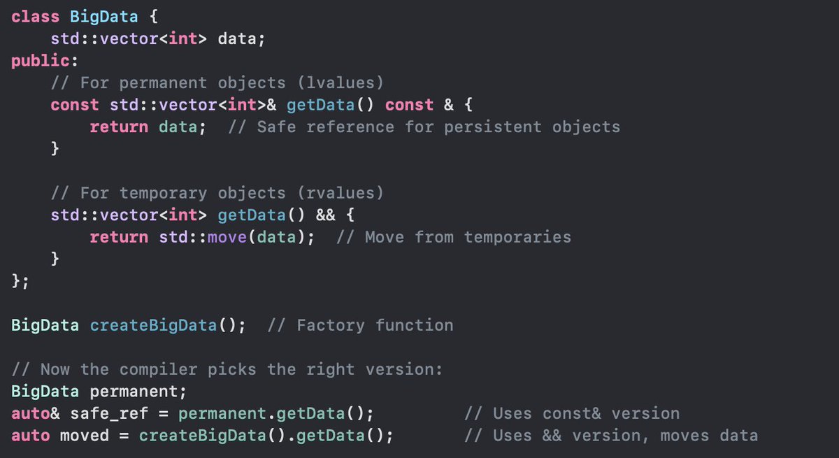 gamedevcodetips's tweet image. Stop Your Objects From Being Silently Copied! The Power of Ref Qualifiers 🛡️
Think you've mastered move semantics? Here's a subtle feature that might be causing unnecessary copies in your codebase - member function ref qualifiers!
#cpp #cplusplus #optimization #moderncpp…
