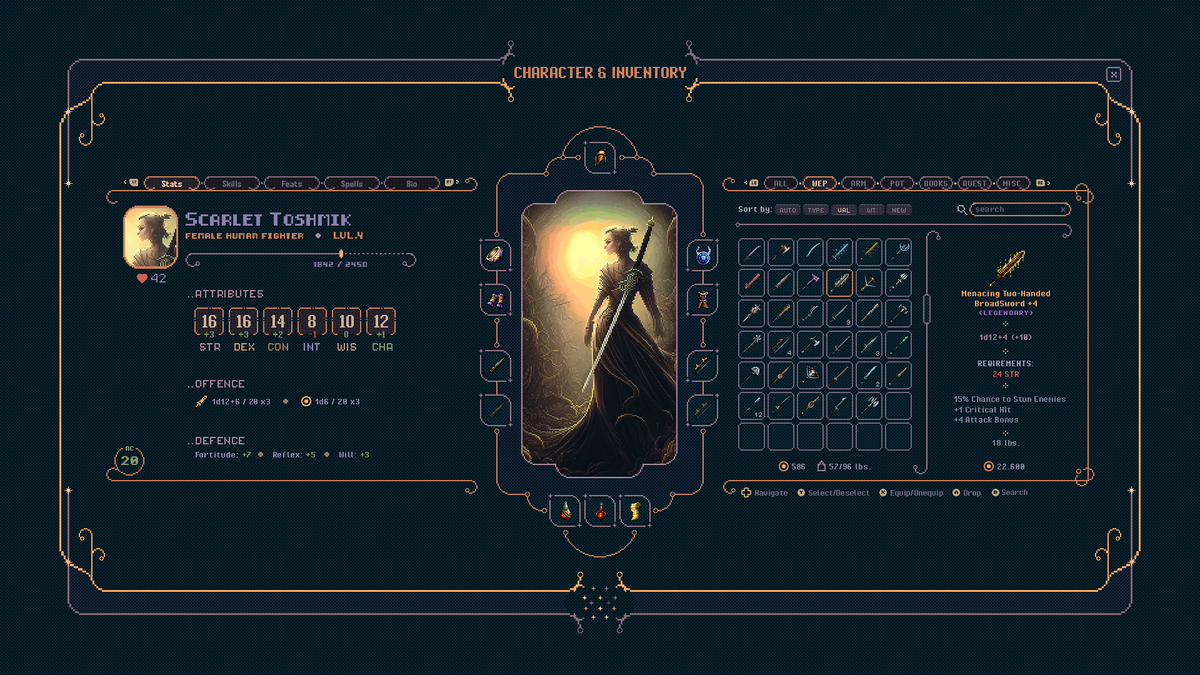 UI Design of an unknown Rpg Game (Character &amp; Inventory). 

Icons are from itch.io/s/11302/januar…

#UI #uidesign #indiegames #IndieGameDev #gamedev #indiedev