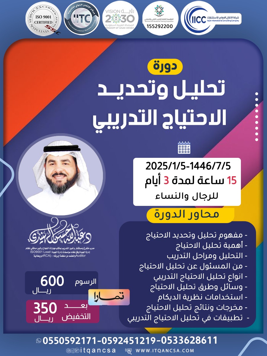 يسر مركز الإتقان الدولي للتدريب ان يقدم لكم:
(دورة تحليل وتحديد الاحتياج التدريبي)
بقيادة الخبير الاستشاري د. عبدالله الهنيدي <a href="/alhenedi/">د.عبدالله الهنيدي</a>
📊طور خططك التدريبية بمهارة واحتراف!
🔑تعلم كيفية تحليل الاحتياجات التدريبية لضمان استثمار ناجح.
🚀اجعل التدريب أداء فعالة لتطوير الأفراد وتحقيق