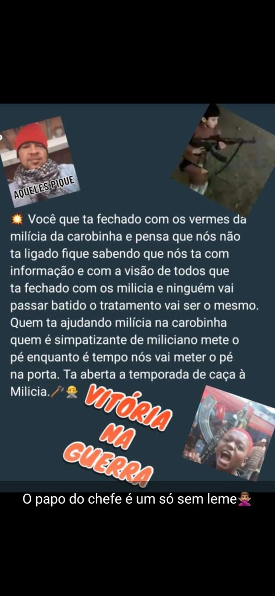 Alo_Carobinha's tweet photo. Prints que circulam nas redes sociais e em grupos de WhatsApp mostram mensagens de ameaças feita por traficantes a quem tem vínculo com milicianos da carobinha. https://t.co/CPxqWjZdyB