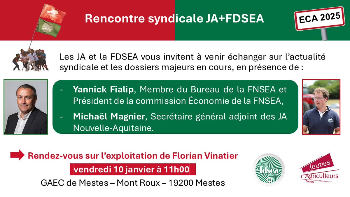 Journée d'échanges <a href="/CorrezeJa/">Jeunes Agriculteurs de la Corrèze</a> et <a href="/FDSEA19/">FDSEA 19</a> sur les sujets syndicaux ce vendredi 10 janvier en présence de <a href="/YFialip/">Yannick Fialip</a>, Président de la commission Économie de la #FNSEA et de Michaël Magnier, SGa de <a href="/JA_NleAquitaine/">Jeunes Agriculteurs Nouvelle-Aquitaine</a> 
#agriculture #revenus #compétitivité