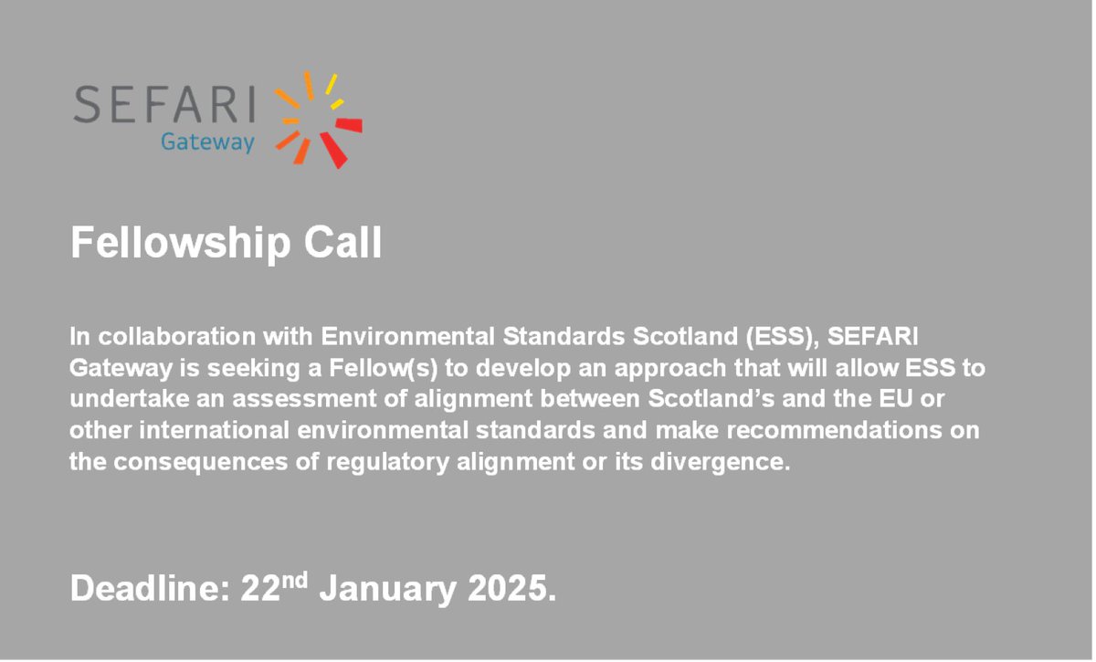 SEFARI Gateway (@sefariscot) on Twitter photo We have extended the deadline for applications for the Fellowship call in collaboration with <a href="/EnvStanScot/">Environmental Standards Scotland</a> to 22 January 2025!
Read more here➡️sefari.scot/news/funding-c…
#Environment #Regulations #Research #Scotland We have extended the deadline for applications for the Fellowship call in collaboration with <a href="/EnvStanScot/">Environmental Standards Scotland</a> to 22 January 2025!
Read more here➡️sefari.scot/news/funding-c…
#Environment #Regulations #Research #Scotland