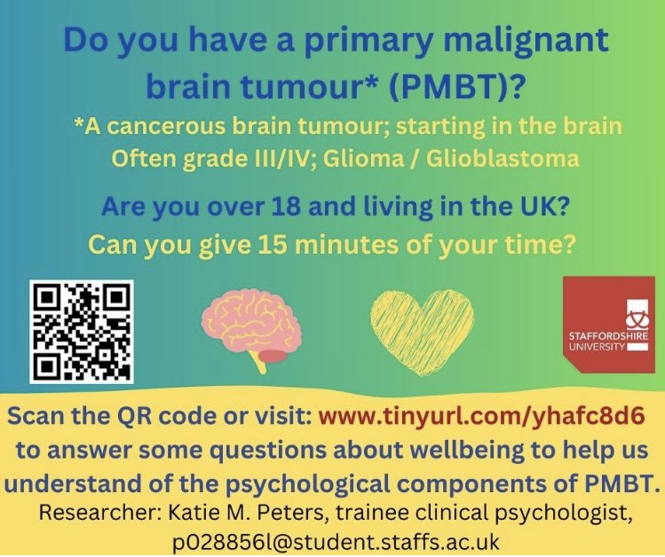 Mary Tanay RN PhD (@merrytea) on Twitter photo This survey tinyurl.com/yhafc8d6 is for UK Adults (18+) living with a primary malignant brain tumour, exploring what supports their wellbeing. Results hope to increase awareness of this under-researched population and inform psychological support.
Contact <a href="/KatieMacP/">Katie MacLeod Peters</a> for Qs. This survey tinyurl.com/yhafc8d6 is for UK Adults (18+) living with a primary malignant brain tumour, exploring what supports their wellbeing. Results hope to increase awareness of this under-researched population and inform psychological support.
Contact <a href="/KatieMacP/">Katie MacLeod Peters</a> for Qs.