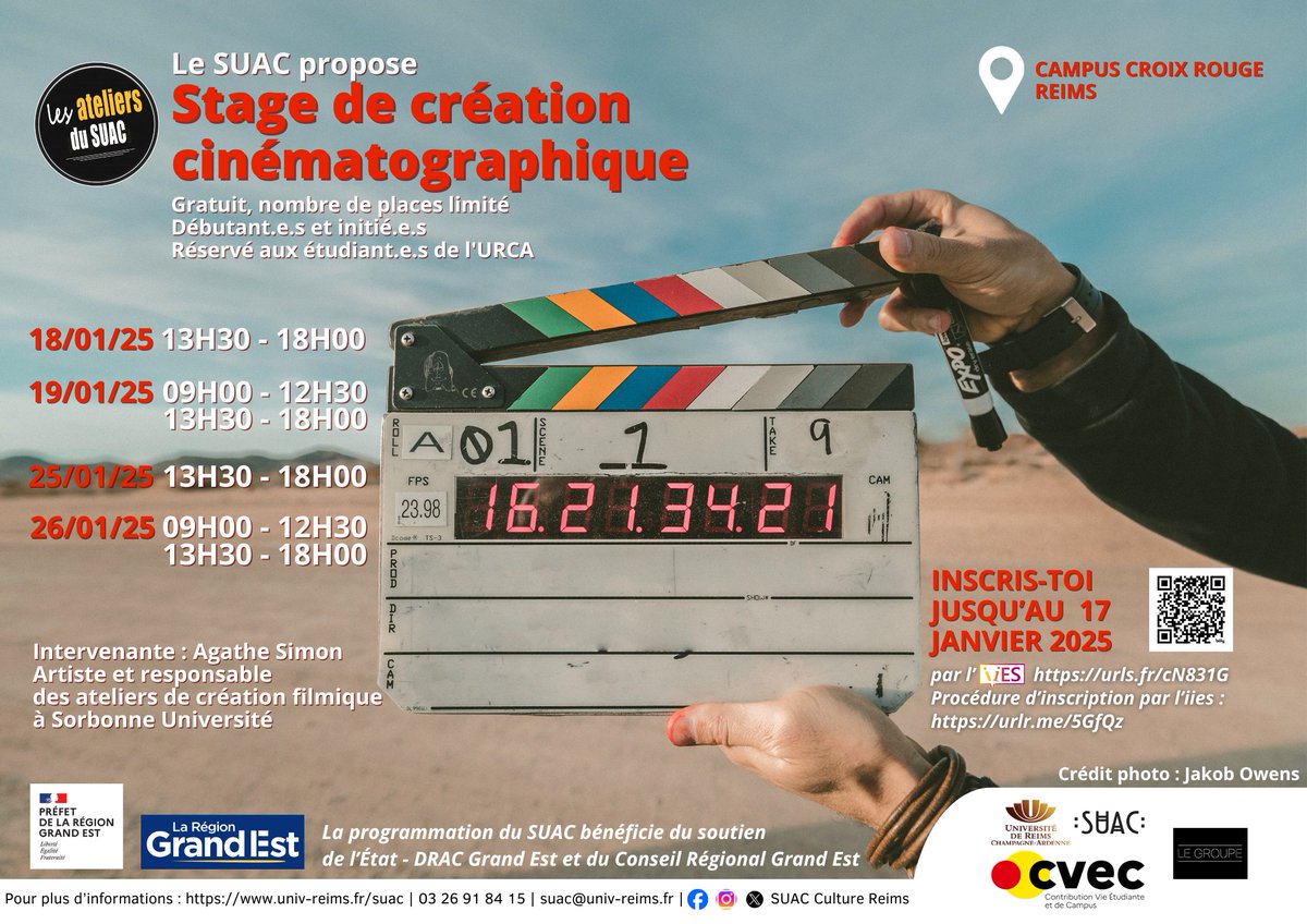 SUAC Culture Reims (@suac_urca) on Twitter photo 🎬Le SUAC vous propose un stage complet pour l'écriture, le tournage et le montage cinématographique.
👉 Inscription : urls.fr/cN831G
👉 Procédure d'inscription : urlr.me/5GfQz
<a href="/universitereims/">Université de Reims Champagne-Ardenne</a> 🎬Le SUAC vous propose un stage complet pour l'écriture, le tournage et le montage cinématographique.
👉 Inscription : urls.fr/cN831G
👉 Procédure d'inscription : urlr.me/5GfQz
<a href="/universitereims/">Université de Reims Champagne-Ardenne</a>