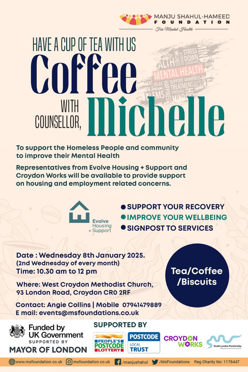 CllrDrManjuShahul (@manjushahul) on Twitter photo <a href="/MSHFoundations/">MSH Foundations</a> would like to invite you to our Coffee with Counsellor event, supporting homeless individuals and the community to improve their mental health.
š
Date:Wednesday, 8th January 2025 (and every 2nd Wednesday of the month)
š Time:10:30 AM - 12:00 PM
š <a href="/MSHFoundations/">MSH Foundations</a> would like to invite you to our Coffee with Counsellor event, supporting homeless individuals and the community to improve their mental health.
š
Date:Wednesday, 8th January 2025 (and every 2nd Wednesday of the month)
š Time:10:30 AM - 12:00 PM
š