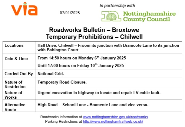 Regarding the Emergency Roadworks on the newly resurfaced Hall Drive, I have asked Highways (Via) to make absolutely sure that the road surface is returned to its new condition by The National Grid following the repair of the LV Cable.