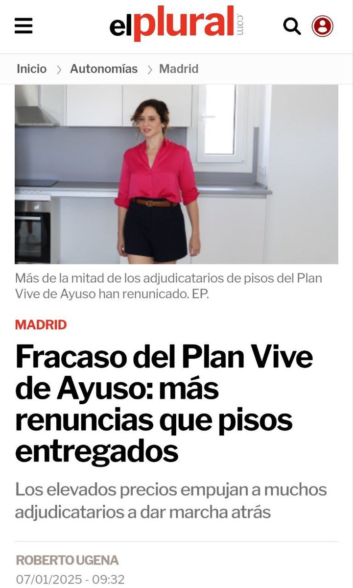 🏠¿Por qué fracasa el Plan de Vivienda de Ayuso?
Fácil.
Porque la oferta más barata supone pagar 822 € por una habitación de 44 m2 y debes ingresar mínimo 2.350 € netos.
Y de esas, pocas.
La mayoría son 3 dormitorios y 76 m2, con alquileres de 1.300 €  y € de 44.000 de renta.