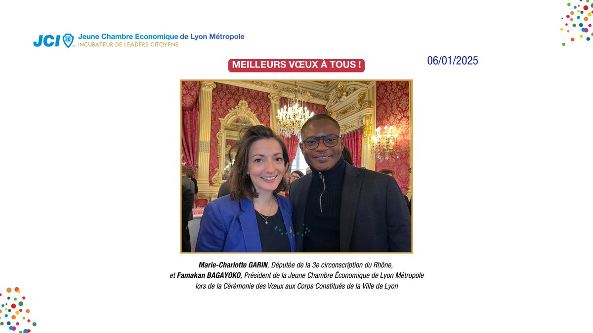 📷 [RETOUR EN IMAGES] 📷

🙏 Merci à <a href="/Gregorydoucet/">Grégory Doucet</a> pour son invitation aux vœux de la <a href="/villedelyon/">Ville de Lyon</a> 🤗

De beaux échanges avec les acteurs emblématiques du territoire autour de nos ambitions 2025 !

<a href="/JCE_France/">jce_france</a> <a href="/JCEAURA/">Fédération JCE AURA</a> <a href="/prefetrhone/">Préfète de région Auvergne-Rhône-Alpes et du Rhône</a> <a href="/grandlyon/">Métropole de Lyon</a> <a href="/brunobernard_fr/">Bruno Bernard</a> 

#Lyon #voeux2025
