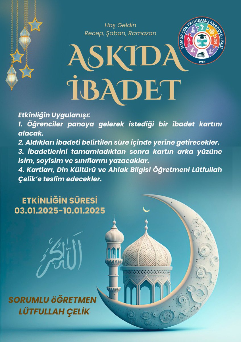 Hoş geldin Recep, Şaban, Ramazan! 🙏 Okulumuzda ‘Askıda İbadet’ etkinliği başladı. 03-10 Ocak tarihleri arasında öğrencilerimizi manevi bir yolculuğa davet ediyoruz. 📿 <a href="/aysunyildiz92/">Aysun Yıldız Taşdemir</a> @Firat_Guzelyuz <a href="/mehmetozmus_/">Mehmet ÖZMÜŞ</a> <a href="/hasan_kokrek/">Hasan Kökrek</a> <a href="/MNesipMahir/">Mehmet Nesip MAHİR</a>