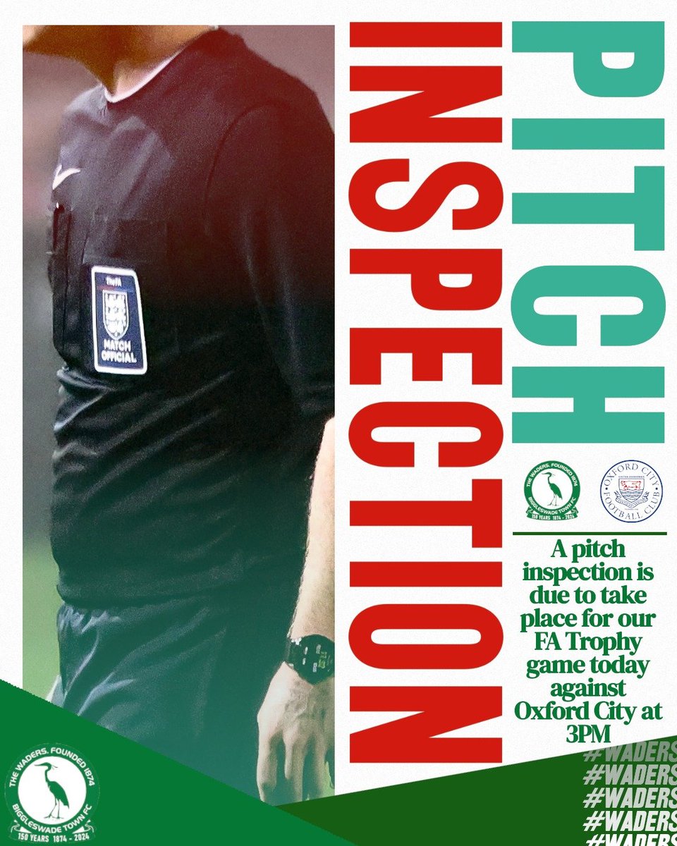 Biggleswade1874's tweet photo. 🚨 Pitch Inspection
As a precaution, there will be a pitch inspection taking place today at 3pm ahead of today’s planned match.
We’ll provide more details as soon as they’re available.
#Waders #FA_Trophy https://t.co/PrpZO8mniX