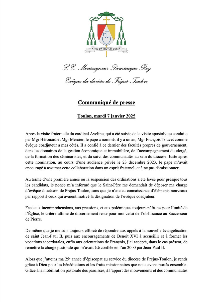 MgrDominiqueRey's tweet photo. 🔴 [Communiqué de presse] 🔴

Chers amis, 
Avec émotion, je vous fais part de la remise de ma charge d’évêque du diocèse de Fréjus-Toulon. Le communiqué joint explique les raisons et le cadre de cette démission.
Que Dieu vous bénisse, 

+ Dominique Rey https://t.co/WD0aeTo2uY