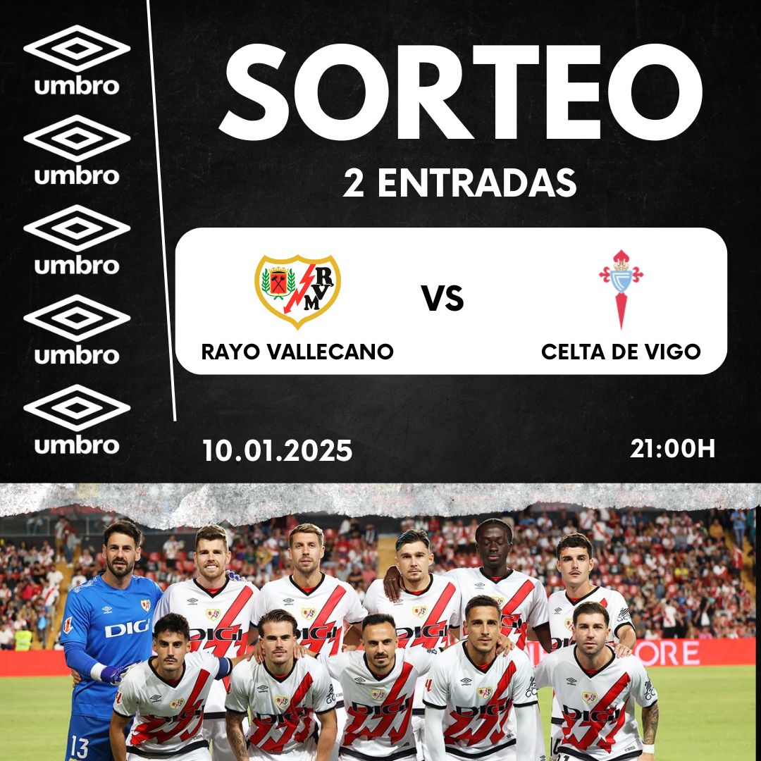 ¡Comenzamos el año!
Llévate 2 entradas para el próximo partido
<a href="/RayoVallecano/">Rayo Vallecano</a>
vs
<a href="/RCCelta/">RC Celta</a> 

Para participar: ❤️Like, Comenta y 𝑹𝒆𝒕𝒖𝒊𝒕𝒆𝒂  #umbro #futbol #LALIGAEASPORTS *Ganador 9/1/25