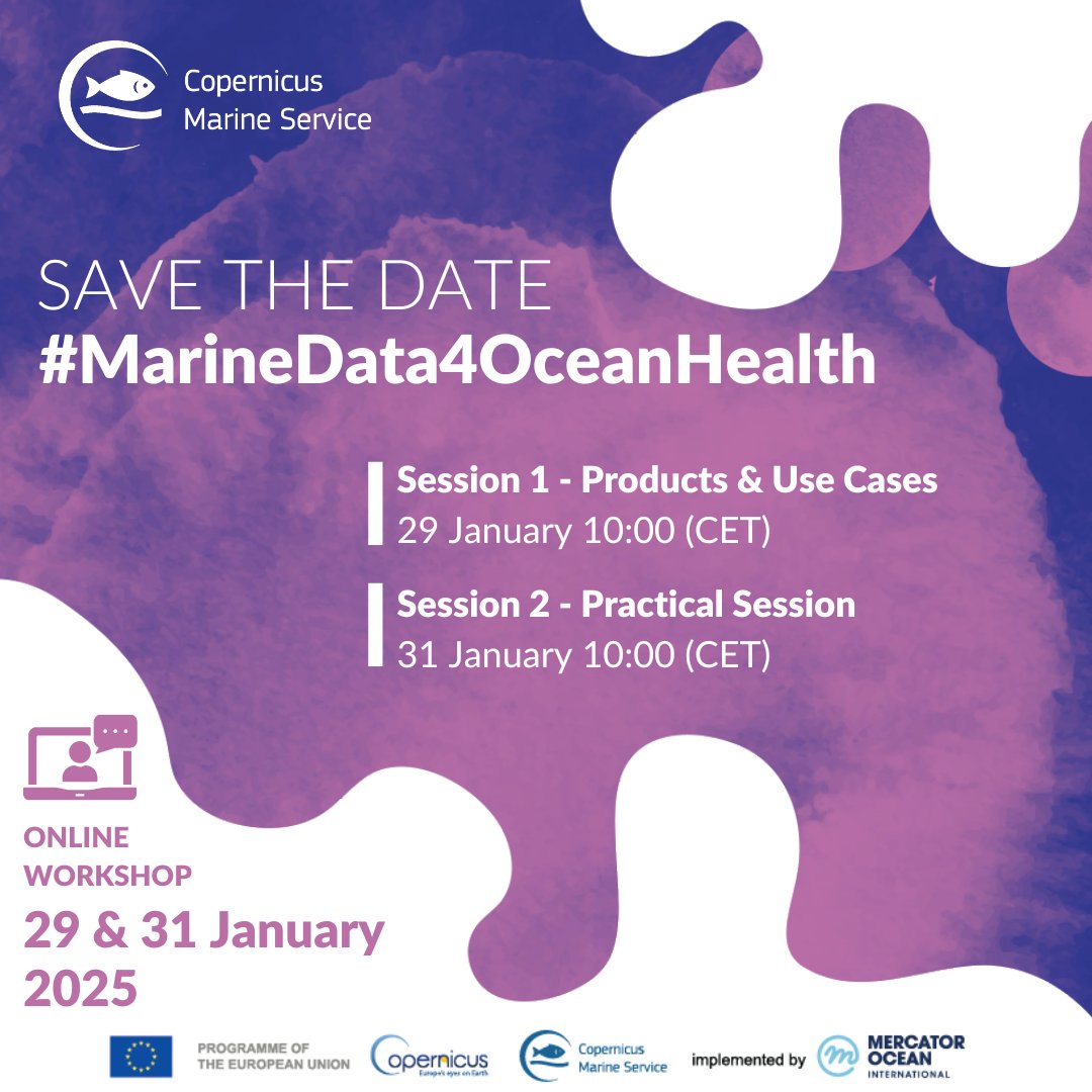 CMEMS_EU's tweet photo. 📢 Save the Date!  

We are hosting a two-day #MarineData4OceanHealth workshop on 29 &amp; 31 January 🌊  

The event will focus on increasing user awareness of the state of the ocean and its health  

Register here 👇  
https://t.co/LZki74WGsS https://t.co/6hOBH1QXew
