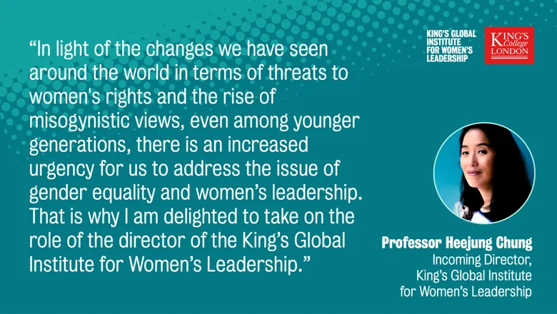 KCL Alumni (@kclalumni) on Twitter photo We're excited to announce Professor Heejung Chung will take over as Director of @giwlkings in January. As GIWL moves to <a href="/kingsbschool/">King's Business School</a>, Professor Chung will guide the institute into a new phase, focusing on advancing women's leadership and gender equality globally 🌎 We're excited to announce Professor Heejung Chung will take over as Director of @giwlkings in January. As GIWL moves to <a href="/kingsbschool/">King's Business School</a>, Professor Chung will guide the institute into a new phase, focusing on advancing women's leadership and gender equality globally 🌎