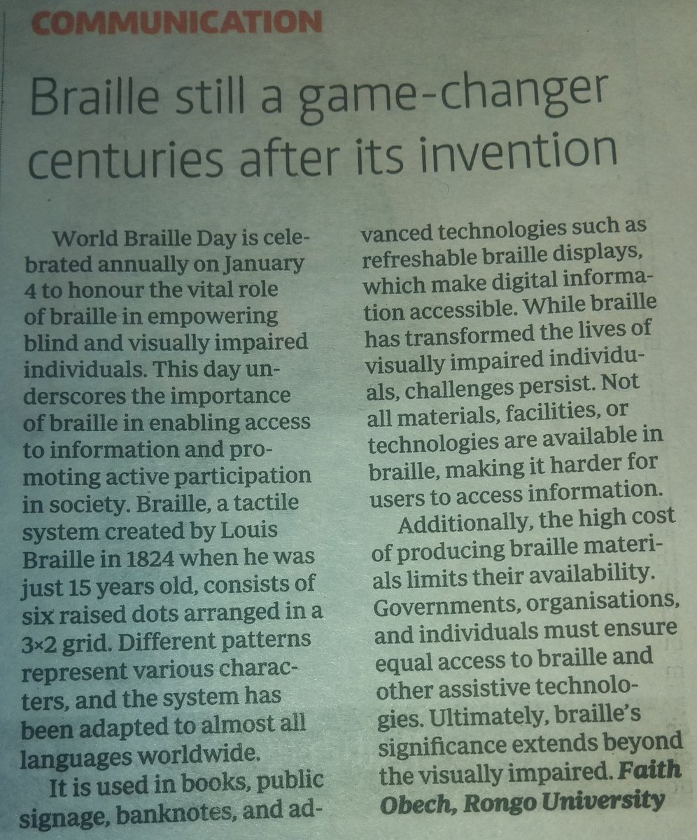 My story on World Braille Day, as proclaimed by the United Nations, is featured in today's Standard newspaper.