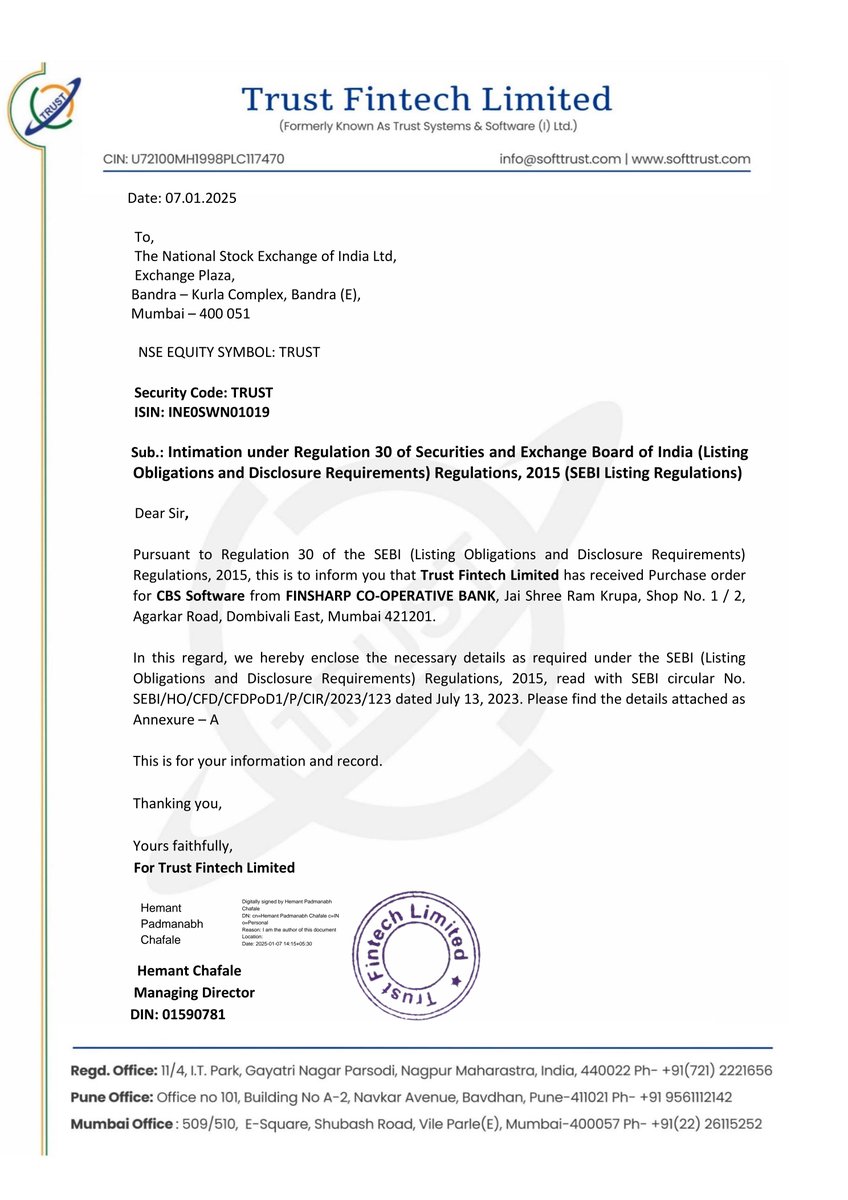 nileshkurhade's tweet photo. 📌 Trust Fintech Ltd informed the exchange about receiving a purchase order worth ₹17,96,000 from FINSHARP CO-OPERATIVE BANK for CBS Software. The contract period is 3 years, and the order is awarded by a domestic entity. #SME #TRUST 💻📊 https://t.co/pkWP9PJVNz