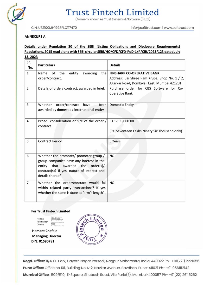 nileshkurhade's tweet photo. 📌 Trust Fintech Ltd informed the exchange about receiving a purchase order worth ₹17,96,000 from FINSHARP CO-OPERATIVE BANK for CBS Software. The contract period is 3 years, and the order is awarded by a domestic entity. #SME #TRUST 💻📊 https://t.co/pkWP9PJVNz