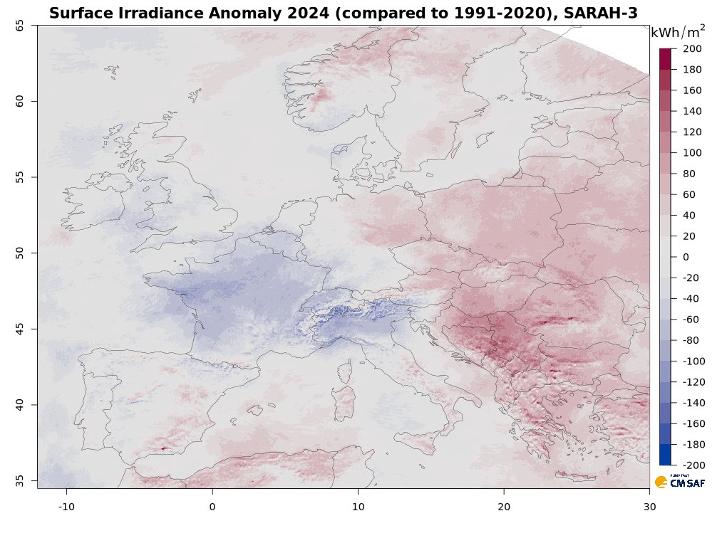 Climate_SAF's tweet image. Review of solar irradiance in 2024 (as a deviation from the mean value of the period 1991-2020) for Europe and Germany. Data basis is the satellite-based dataset SARAH-3 of @Climate_SAF: cmsaf.eu/EN/Highlights/…