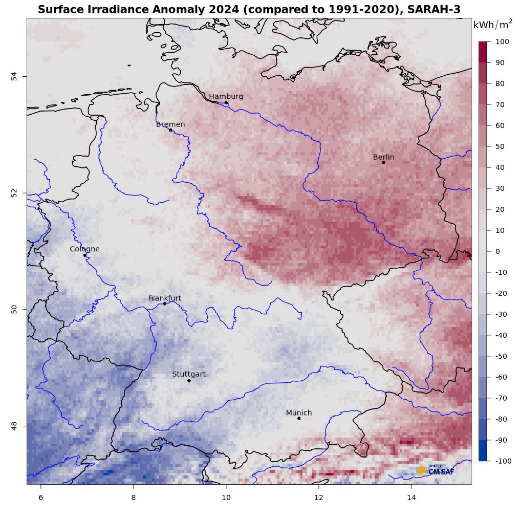 Climate_SAF's tweet image. Review of solar irradiance in 2024 (as a deviation from the mean value of the period 1991-2020) for Europe and Germany. Data basis is the satellite-based dataset SARAH-3 of @Climate_SAF: cmsaf.eu/EN/Highlights/…