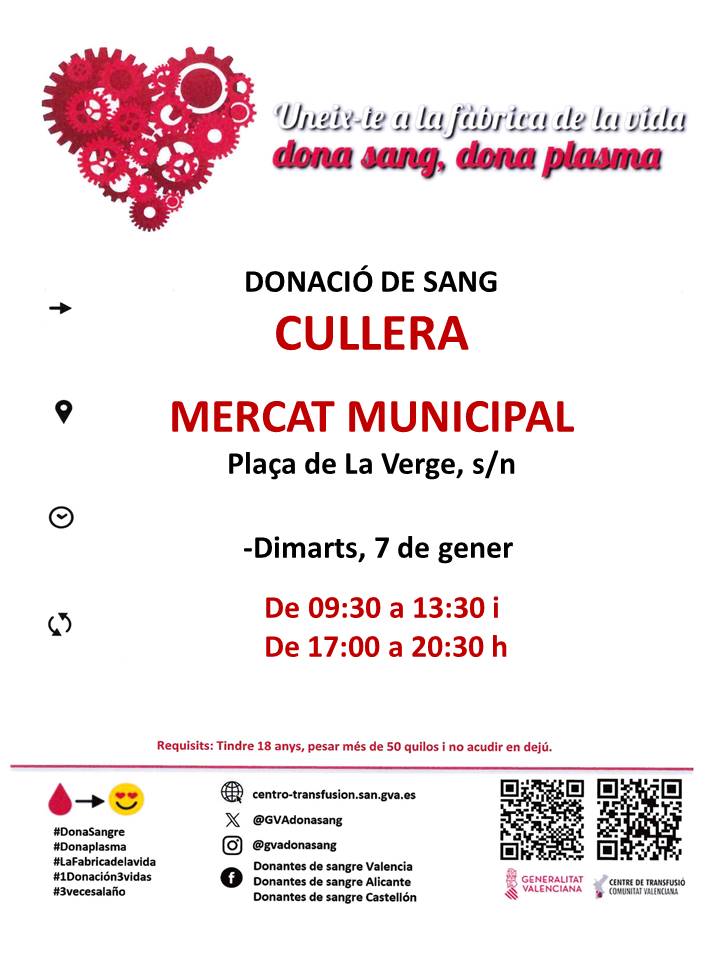 GVAdonasang's tweet photo. Dona sang en #Cullera
📅dimarts #7gener
1 de cada 10 persones ingressades en un hospital necessita sang.
👉 La teua donació fa possible el seu tractament.
Gràcies per #CompartirVida! ❤️ https://t.co/8df3gMXGmJ