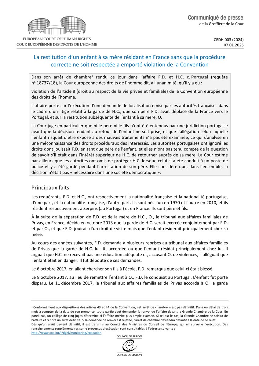 ECHR_CEDH's tweet photo. Arrêt  F.D. et H.C. c. Portugal - La restitution d’un enfant à sa mère résidant en France sans que la procédure correcte ne soit respectée a violé la Convention
https://t.co/QuX9f2V4KE
#ECHR #CEDH #ECHRpress https://t.co/W6OfaL1i0A
