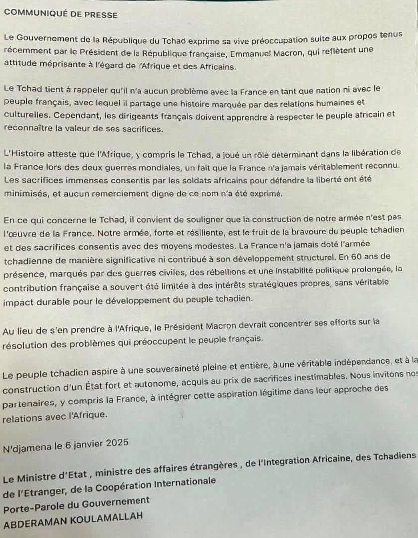 Quelle ironie que le président tchadien Kaka Deby  autrefois poulain de la France,  demande à Emmanuel Macron de se préoccuper de la situation en France tout en lui donnant une leçon d'histoire sur la présence militaire française en Afrique, et plus particulièrement au Tchad.