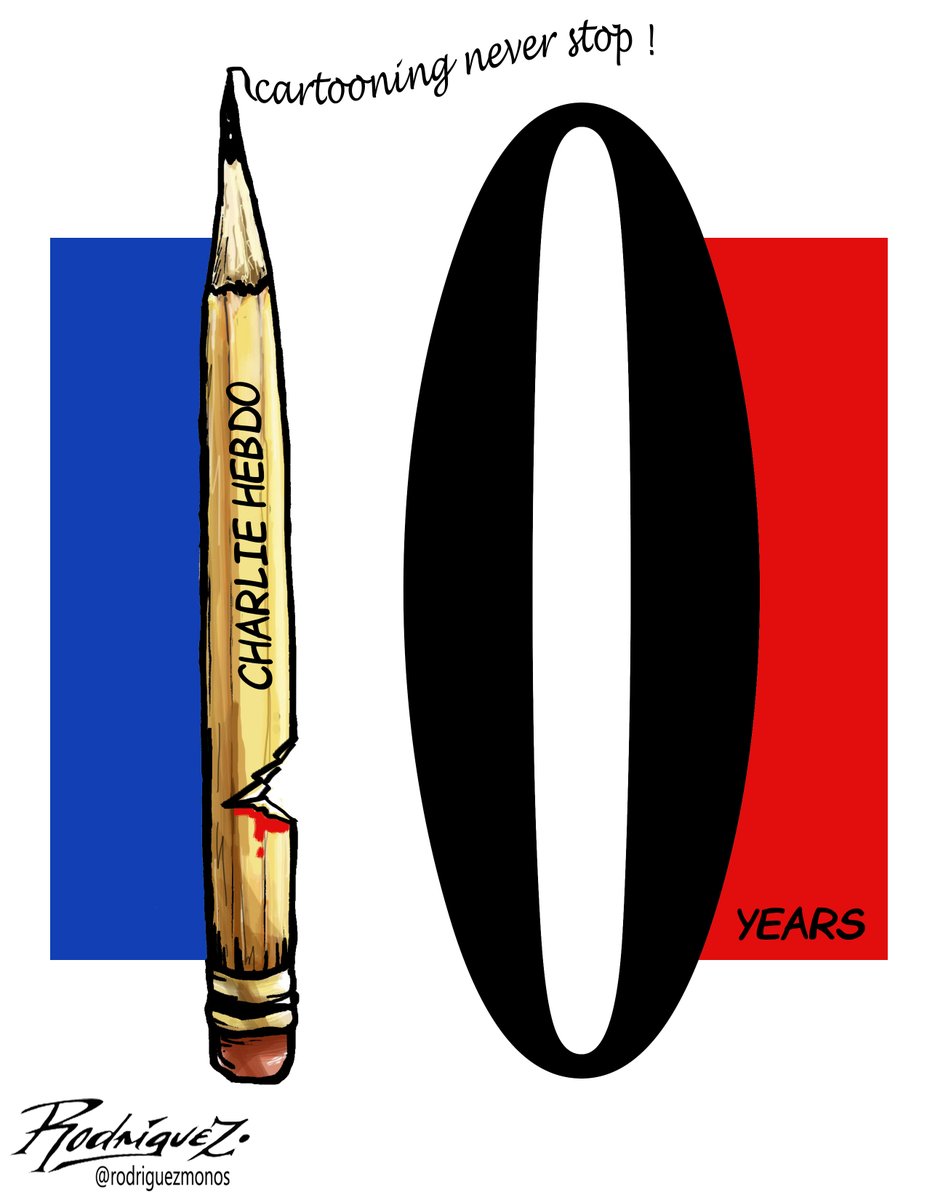 rodriguezmonos's tweet photo. "Charlie Hebdo, de pie"
A 10 años del atentado a nuestros colegas de la revista francesa #CharlieHebdo 
#cartooningforcharlie @CartooningPeace #FrenchMagazine #cartooningforpeace #CartoonistsFreedom #freedomofspeech #Satire #cartooning https://t.co/9cWH85PNnA
