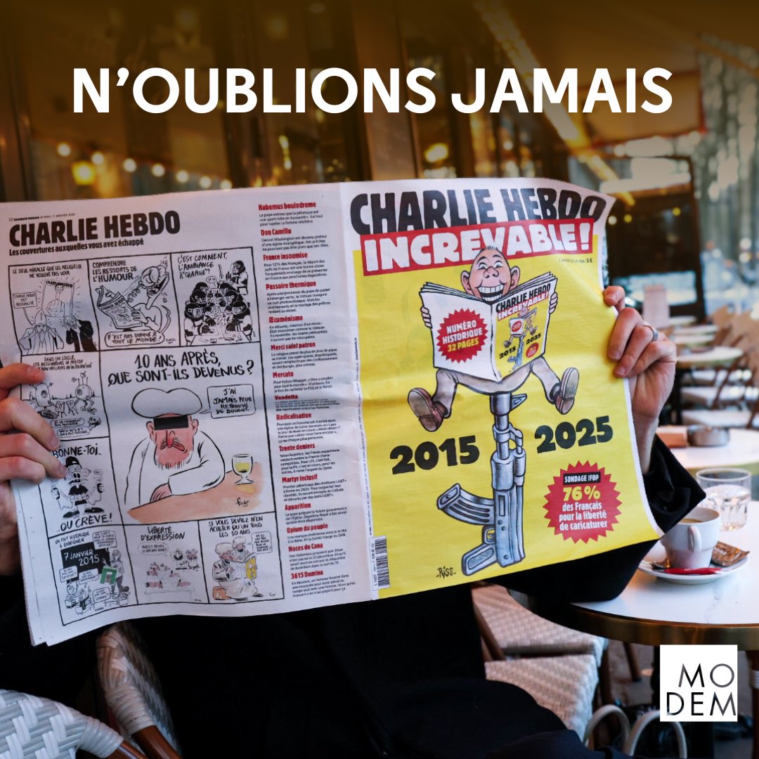 🗞️🙏 10 ans après les attentats islamistes de Charlie Hebdo, Montrouge et l’Hypercacher : l'unité nationale sans concession.

Aujourd'hui, nous sommes tout autant Charlie qu'il y a 10 ans et luttons avec détermination face à ceux qui tentent d'arracher nos libertés.
👉 N'oublions