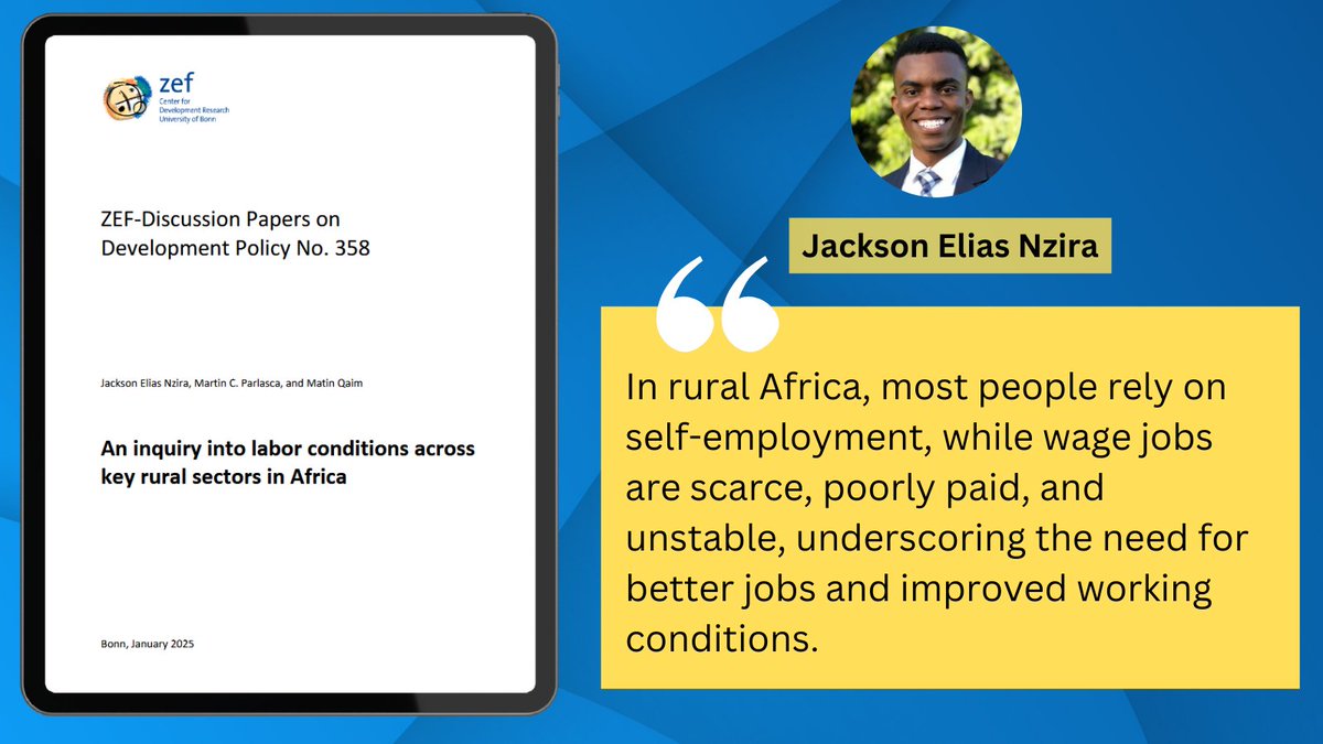 ZEF (@zefbonn) on Twitter photo New ZEF Discussion Paper No. 358: An inquiry into labor conditions across key rural sectors in #Africa.
By Jackson Elias Nzira, Martin C. Parlasca, and <a href="/MatinQaim/">Matin Qaim</a>
โก๏ธbit.ly/ZEF-DP358 New ZEF Discussion Paper No. 358: An inquiry into labor conditions across key rural sectors in #Africa.
By Jackson Elias Nzira, Martin C. Parlasca, and <a href="/MatinQaim/">Matin Qaim</a>
โก๏ธbit.ly/ZEF-DP358