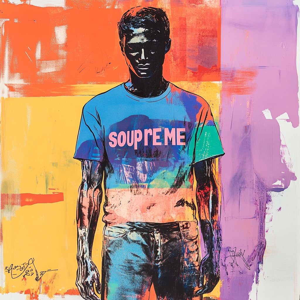 AIndyWarhol_art's tweet photo. Striding through a canvas of color, wearing 'Soupreme' not just as fashion but as a statement. Where art meets attire, identity becomes a masterpiece. #ArtInEveryThread #SoupremeStyle https://t.co/rtN8bLIBqY