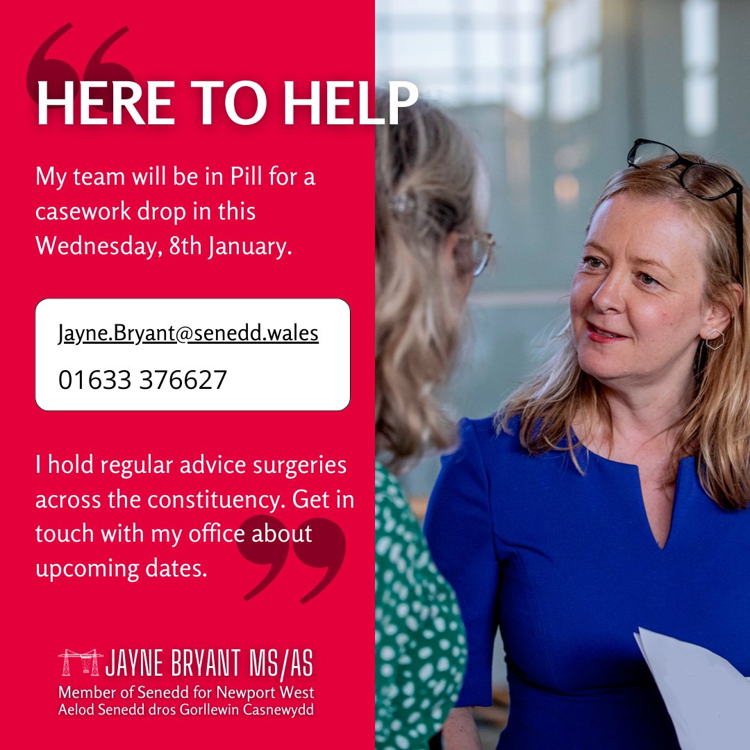 📅Wednesday 8th January 📢

My team and <a href="/jessicamordenmp/">Jessica Morden MP</a>'s team will be in Pill this week for a drop in session.

For more information please email me
Jayne.Bryant@Senedd.Wales
