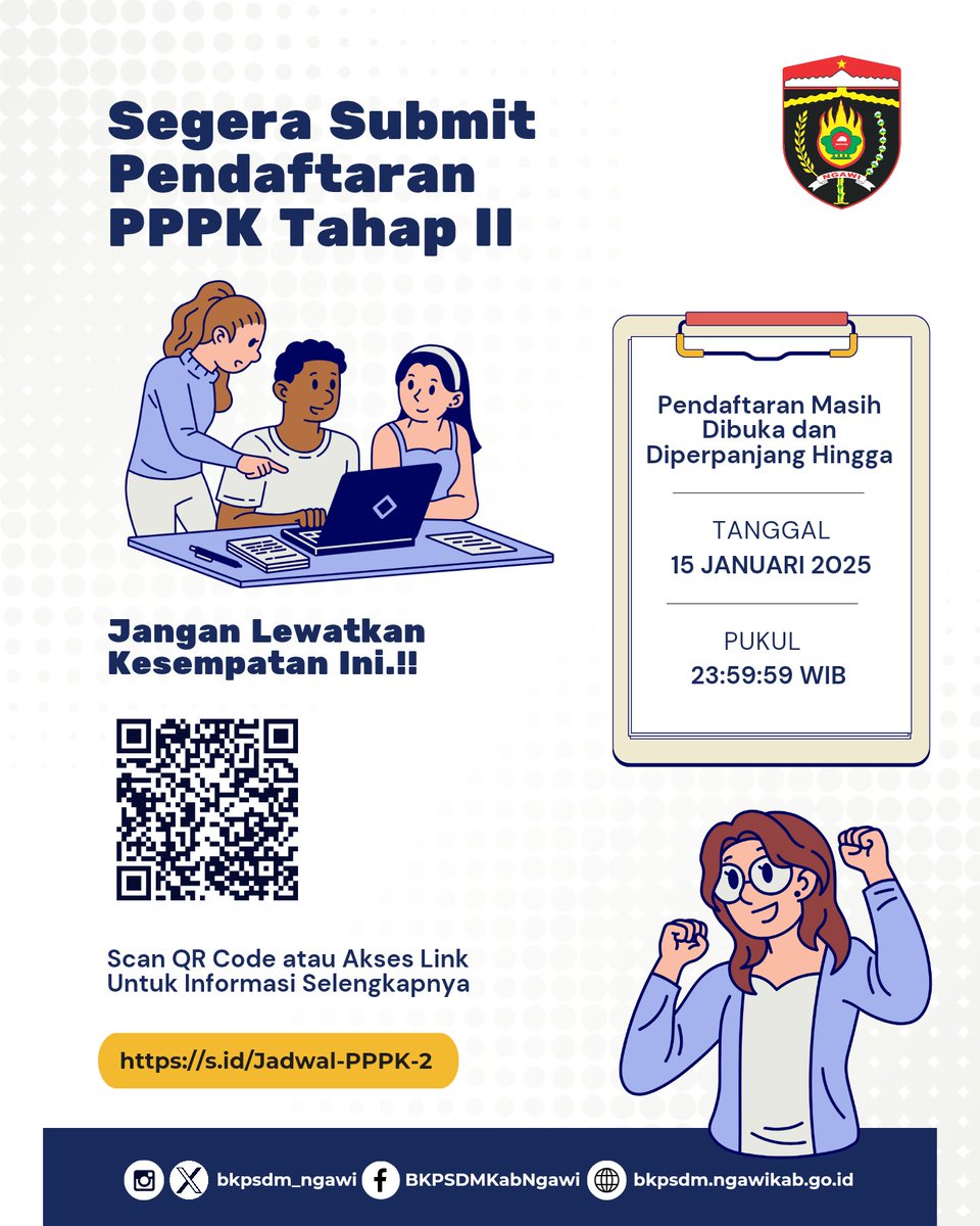 Pendaftaran PPPK Tahap 2 Kembali diperpanjang sampai tanggal 15 Januari 2025 🤗
Yuk manfaatkan sebaik mungkin perpanjangan waktu ini untuk menyiapkan dokumen persayaratan dengan sebaik-baiknya.. 🫰🏻🤗

Info lengkap ada di link ini ya
s.id/Jadwal-PPPK-2

<a href="/ngawikab_/">Pemerintah Kabupaten Ngawi</a>