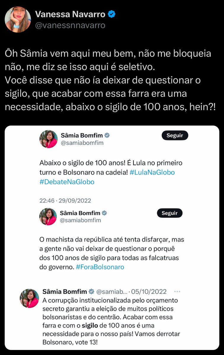 BolsonaroSP's tweet photo. Prezada @samiabomfim , a @vanessnnavarro te pergunta: https://t.co/66Pyl1JfG8