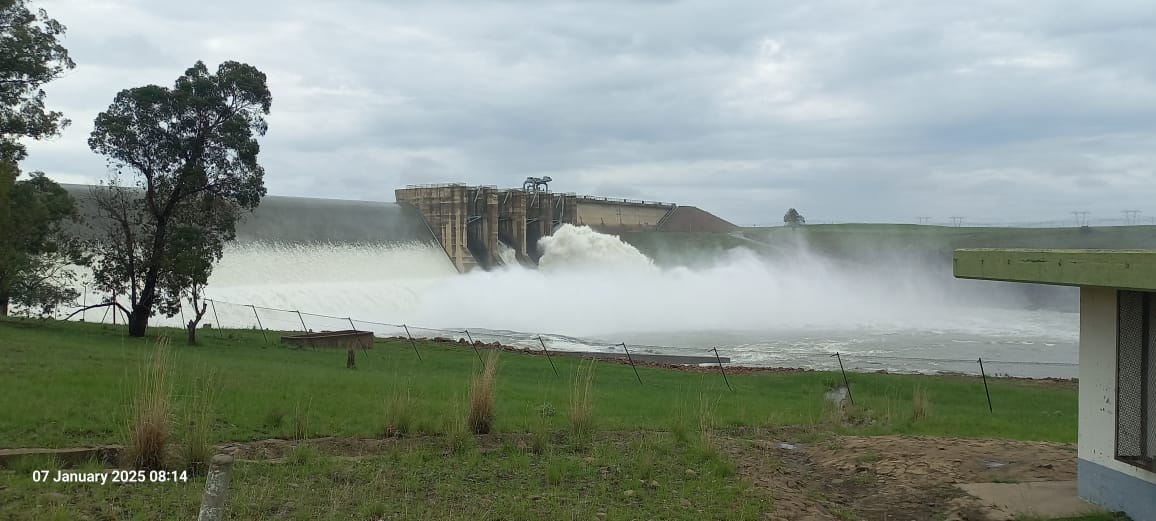 Grootdraai dam wall with one gate open at 2m.