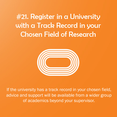 PhD Rule of the Game #21: Register in a University with a Track Record in your Chosen Field of Research. All 100 PhD+100 Research Rules of the Game at bit.ly/2CxcsRd and bit.ly/2JNbTsj #100PhDRules #PhD #phdchat #phdadvice #phdforum #phdlife #ecrchat #acwri