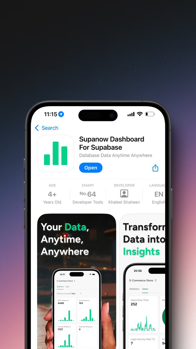 Happy to announce that Supanow is now available on the <a href="/AppStore/">App Store</a>! Use it now to:
- Browse your tables
- Execute your favourite SQL queries
- Explore and preview your storage objects
- And many more to come soon (psst, charts)
Take your #Supabase business with you anywhere!