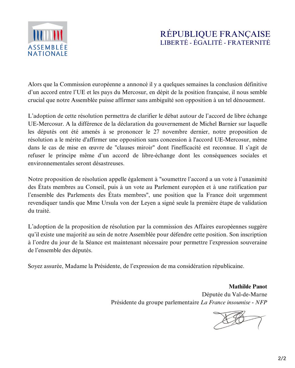 🔴📄 Accord UE-Mercosur : Notre texte appelant le Gouvernement à refuser sa ratification doit être mis à l'ordre du jour de l'Assemblée !

Courrier de notre Présidente <a href="/MathildePanot/">Mathilde Panot</a> à <a href="/YaelBRAUNPIVET/">Yaël Braun-Pivet</a> ⤵️
