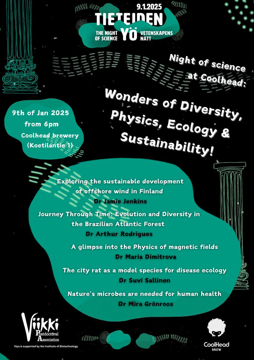 Viikki Postdoctoral Association (@viikki_postdoc) on Twitter photo #NightofScience2025 - our postdoctoral researchers from the <a href="/helsinkiuni/">University of Helsinki</a> #ViikkiCampus share and discuss their latest research at Coolhead brewery.
🗓️ Date: 9th January, 2025 18:00
📍Venue: Coolhead Brewery (koetilantie 1)
<a href="/tieteidenyo/">Tieteiden yö</a> <a href="/HiLIFE_helsinki/">HiLIFE_Helsinki</a> #helsinki #NightofScience2025 - our postdoctoral researchers from the <a href="/helsinkiuni/">University of Helsinki</a> #ViikkiCampus share and discuss their latest research at Coolhead brewery.
🗓️ Date: 9th January, 2025 18:00
📍Venue: Coolhead Brewery (koetilantie 1)
<a href="/tieteidenyo/">Tieteiden yö</a> <a href="/HiLIFE_helsinki/">HiLIFE_Helsinki</a> #helsinki