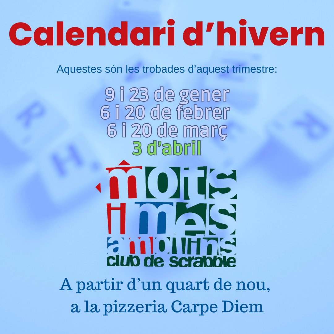 Acabades les festes, hi tornem amb les trobades del trimestre d'hivern…
Juguem a Scrabble i passem una bona estona!
#scrabbleencatalà
#scrabble
#molinsderei
#cultura