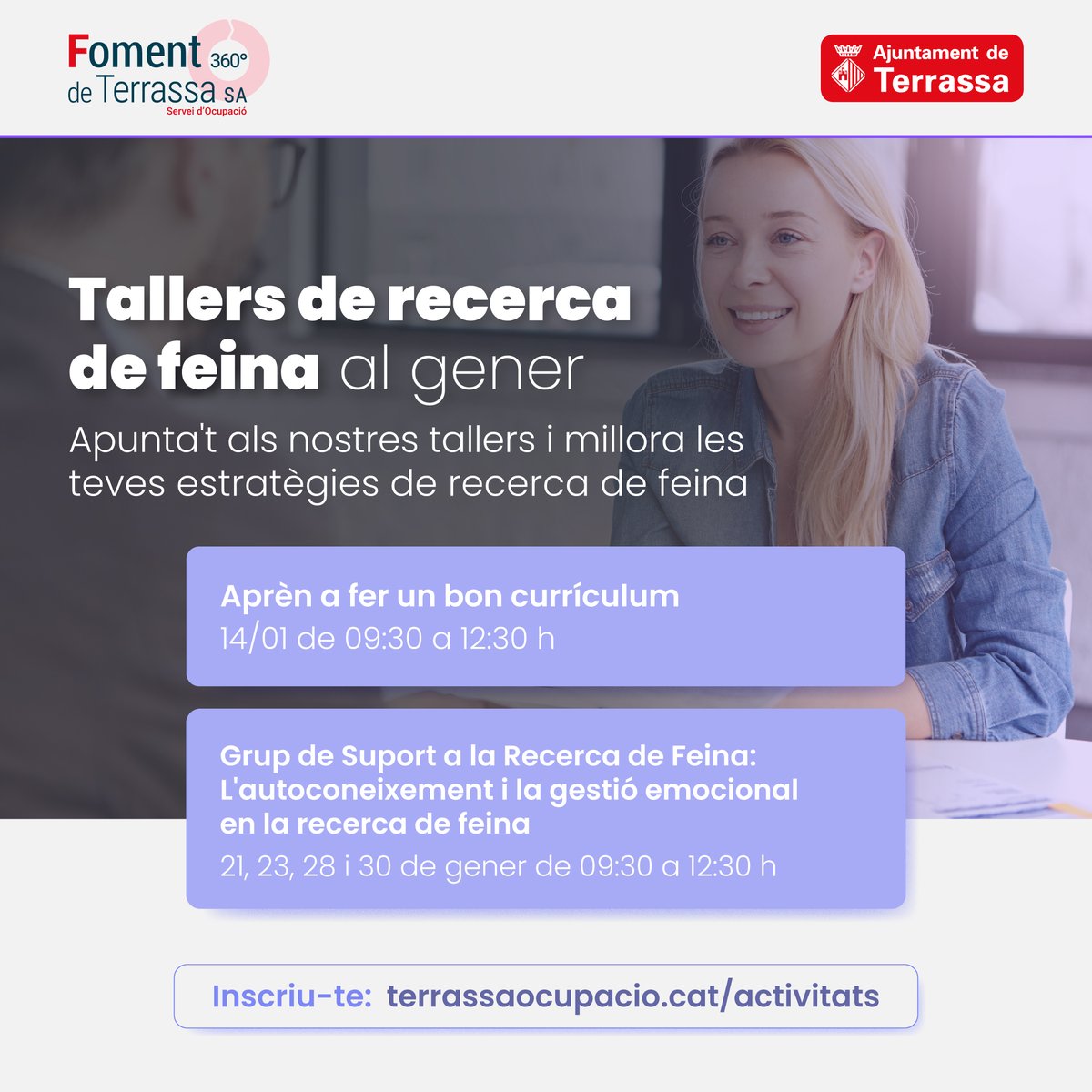 Comença l'any impulsant la teva recerca de #feina!

Aquest gener et proposem dos tallers pràctics per ajudar-te a destacar en el procés de recerca de feina:

📄 Aprèn a fer un bon currículum.

🤝 Grup de Suport a la Recerca de Feina.

🔗 Inscriu-te ara a: terrassaocupacio.cat/ca/activitats
