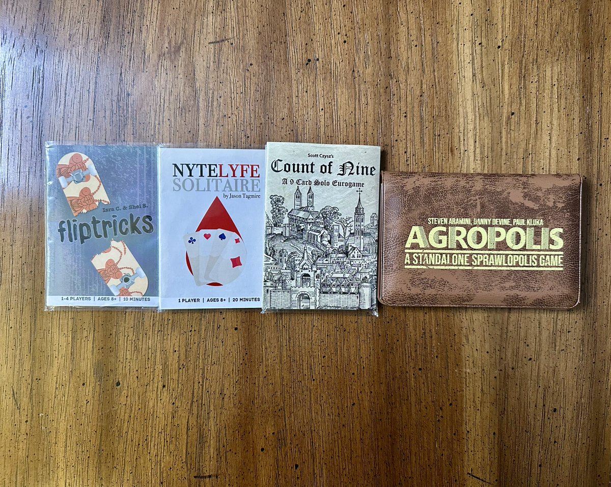 JoshuaAcostaMD's tweet photo. I’m making a concerted effort this year to play through all of the solo-only / solo-preferred games in my collection. So far, these four have hit the table. Feels like this year’ll be heavily weighted toward @buttonshy plays. #Fliptricks #NyteLyfeSolitaire #CountOfNine #Agropolis https://t.co/csJAGgo1dA