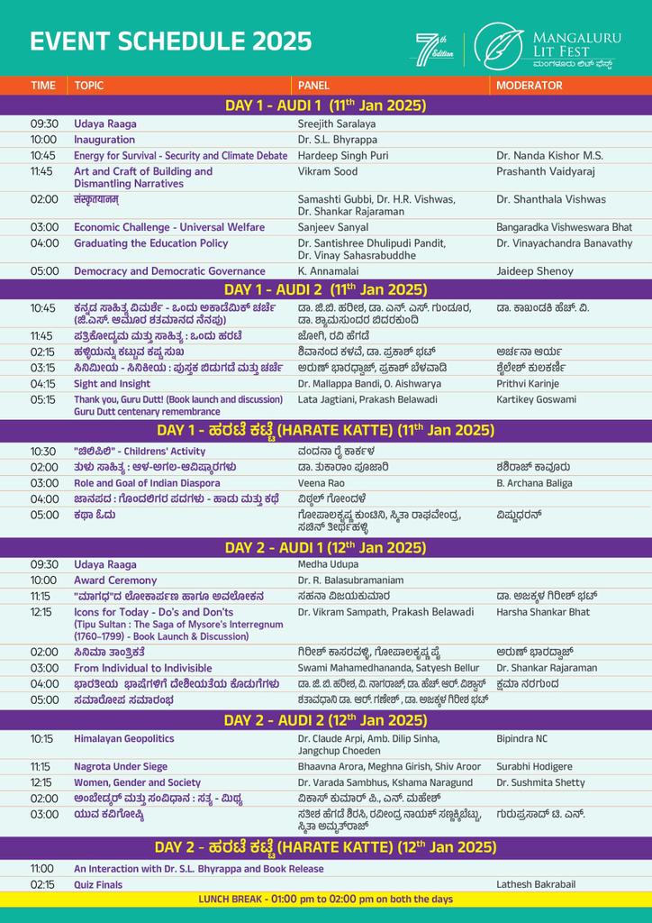 mlrlitfest's tweet photo. Embark on a literary journey at the 7th edition of Mangaluru Lit Fest, on Jan 11th &amp; 12th, 2025

Here is your itinerary for a captivating blend of words, wisdom &amp; cultural celebration. Join the literary confluence &amp; immerse yourself in the world of literature ✨ 

#MlrLitFest2025 https://t.co/qvo9PNyKyw