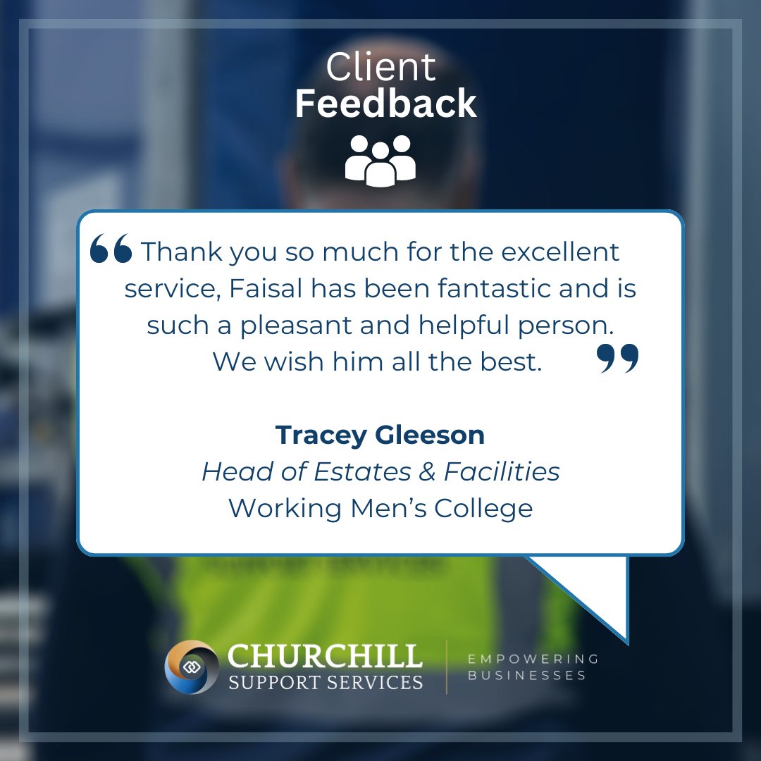 ProFMGroup's tweet image. Faisal and our team at WM College recently received some wonderful words of praise, with the college's Head of Estate &amp;amp; Facilities commending their "excellent service". Here's to delivering exceptional service time and time again!

#PositiveFeedback #ChurchillSupportServices