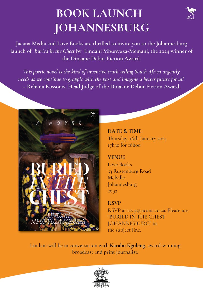 FB: Jacana Media (@jacanamedia) on Twitter photo Join Jacana Media and <a href="/LoveBooksJozi/">Love Books</a> for the launch of the 2024 Dinaane Debut Fiction Award Winner, Buried in the Chest by Lindani Mbunyuza-Memani! Lindani will be in conversation with <a href="/KaraboKgoleng/">Karabo K. Kgoleng</a>. Join Jacana Media and <a href="/LoveBooksJozi/">Love Books</a> for the launch of the 2024 Dinaane Debut Fiction Award Winner, Buried in the Chest by Lindani Mbunyuza-Memani! Lindani will be in conversation with <a href="/KaraboKgoleng/">Karabo K. Kgoleng</a>.