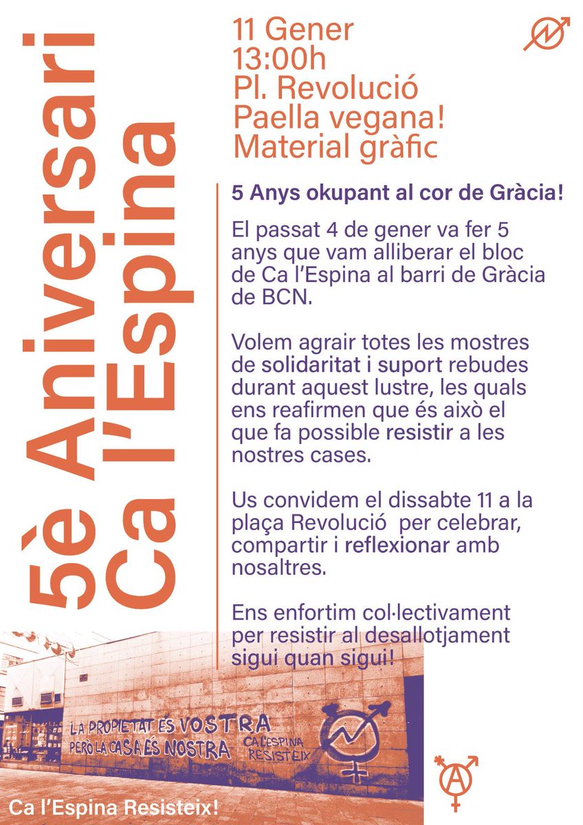 Ca_lEspina's tweet photo. ✨ 5è ANIVERSARI✨

El passat 4 de gener va fer 5️⃣ anys que vam alliberar el bloc de Ca l'Espina.

Volem agrair totes les mostres de solidaritat i suport rebudes durant aquest lustre, les quals ens reafirmen que és això el que fa possible resistir a les nostres cases. https://t.co/77Qc820ms6