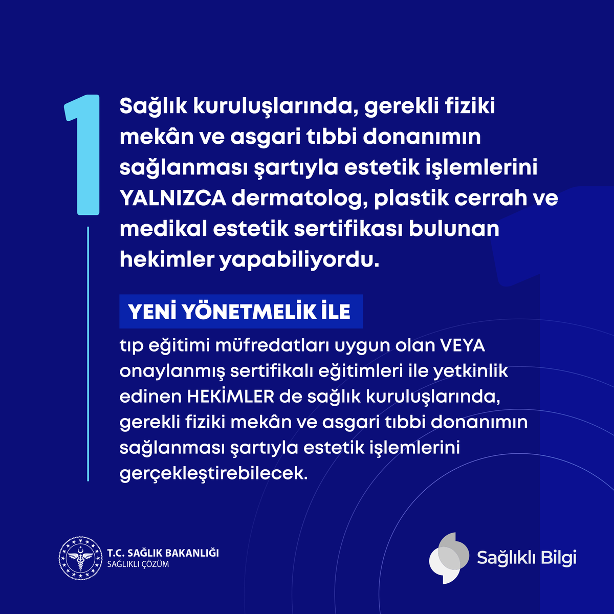 sagliklicozum's tweet photo. Tüm estetik uygulamaların SADECE hekimler tarafından uygulanması noktasında kararlıyız.

Bu amaçla “Ayakta Teşhis ve Tedavi Yapılan Özel Sağlık Kuruluşları Hakkında Yönetmelik”te değişikliğe gittik.

Estetik uygulamaları gerçekleştirebilecek hekim ve sağlık kuruluşlarının kapsamını genişlettik.

Böylelikle sağlık tesisleri dışında estetik uygulamaların önüne geçmeyi ve k⁠amuda belirli branşlarda hekim istihdamını güçlendirmeyi hedefledik.