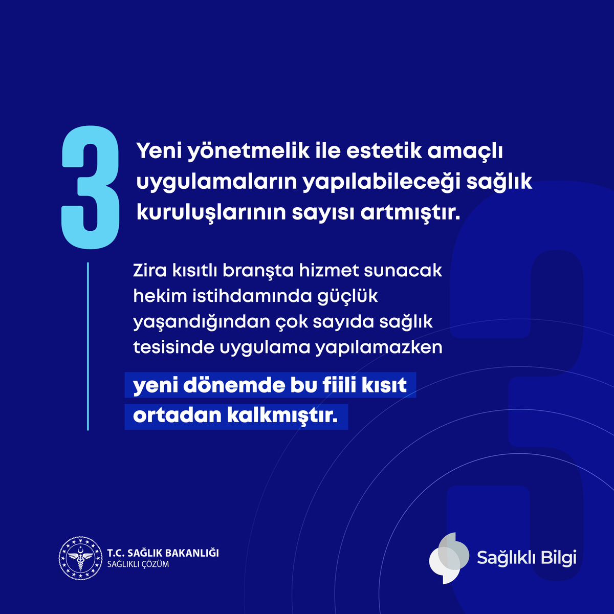 sagliklicozum's tweet photo. Tüm estetik uygulamaların SADECE hekimler tarafından uygulanması noktasında kararlıyız.

Bu amaçla “Ayakta Teşhis ve Tedavi Yapılan Özel Sağlık Kuruluşları Hakkında Yönetmelik”te değişikliğe gittik.

Estetik uygulamaları gerçekleştirebilecek hekim ve sağlık kuruluşlarının kapsamını genişlettik.

Böylelikle sağlık tesisleri dışında estetik uygulamaların önüne geçmeyi ve k⁠amuda belirli branşlarda hekim istihdamını güçlendirmeyi hedefledik.